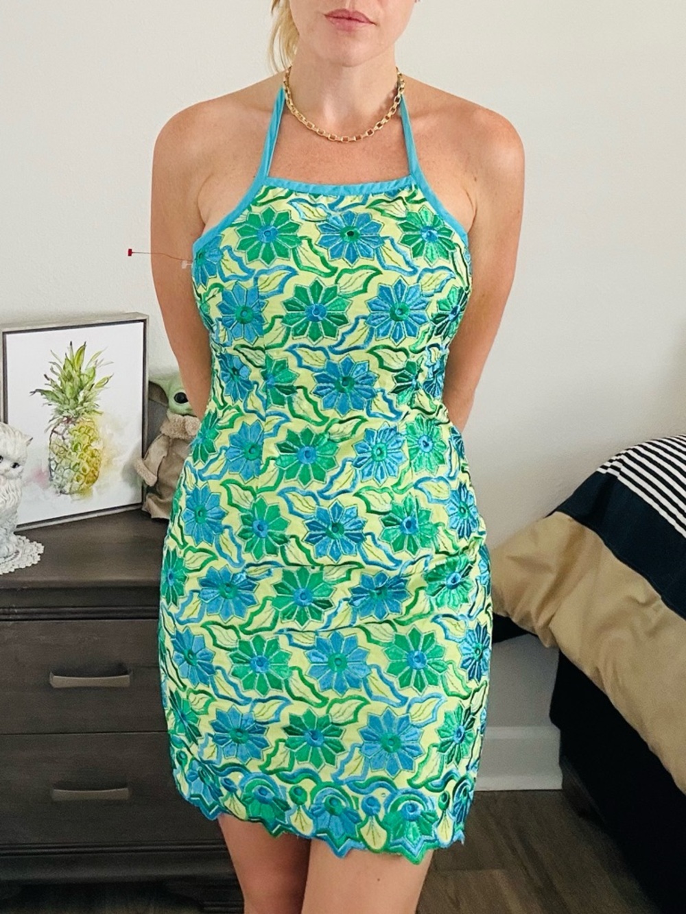 Green & Blue Halter Floral Lace Dress